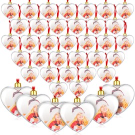 Skylety 48 Pcs Photo Ornament Ball Christmas Clear Plastic Hanging Photo Frame Ornament Family Picture Baubles for Christmas Tree Valentine Gift Decoration (Heart)