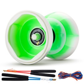 MAGICYOYO Pro Triple Bearing Diabolo Medium Size 5” Blue Chinese Yoyo Toy with 2 Pair Carbon Sticks+ 2 Extra Strings +1 Net Bag, High Performance Chinese Yoyo Diabolo Skill Toy - Green White