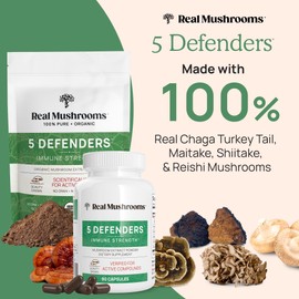 Real Mushrooms Real Mushrooms 5 Defenders Capsules - Organic Mushroom Extract w/Chaga, Shiitake, Maitake, Turkey Tail, Reishi Supplement for Focus, Immune Support Vegan, Non-GMO, 90 Caps