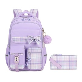 MOONBABY Girls Backpack, Kids Backpack for Girls School Bags with Pen Case, Bow Plaid Book Bag for Elementary Middle Primary High School College, Purple-2pcs
