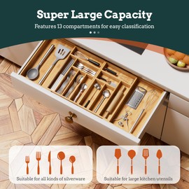 Silverware Organizer Large, Magnetic Connected Expandable 13 Slots Silverware Drawer Organizer From 21 to 37.4 Inches, Adjustable Flatware and Cutlery Holder, Bamboo Utensil Tray for Kitchen Natural