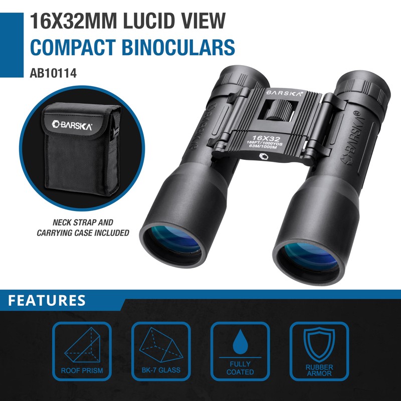 Barska 16x32 Lucid View Compact Binoculars with Roof Prisms, Fully