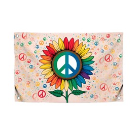 3x5 Feet Rainbow Peace Flag with Four Brass Grommets - Multicolored Flowers Banner for Wall Decoration - World Peace Sign Symbol Flags - Flags with Floral for Holiday Farmhouse Lawn Decoration