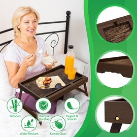 Bamboo Breakfast Tray with Foldable Legs & Detachable Stand | Ergonomic Handle | Portable Bed Tray for Eating, Working, Laptop, Tablet, and Phone（Vintage Walnut）