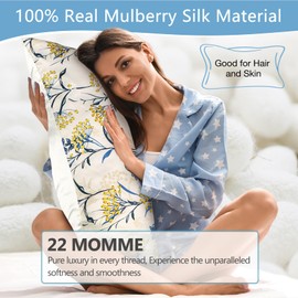 MANSPHIL Sand Blue Patterned Silk Pillow Cases King, Yellow Floral Satin Pillowcase for Hair and Skin Envelope Closure, 22 Momme 6A Grade 100% Mulberry Silk, 20"x36"