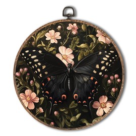 Yorhifa Moody Floral Black Butterfly Framed Wall Art, Dark Cottagecore Butterfly Round Wall Art, Floral Moth Round Walls Decor, Dark Academia Insect Circle Canvas Artwork Hanging Decor, 10x10in