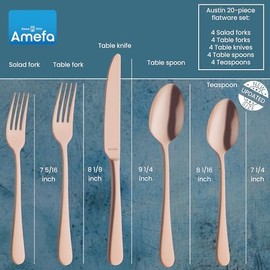 Amefa Austin 20-Piece Flatware Set, Service for 4 - Elegant Satin Finish Silverware, Durable Stainless Steel Dishwasher Safe Cutlery Set - Rust Resistant Modern Minimalist Flatware Set (Copper)