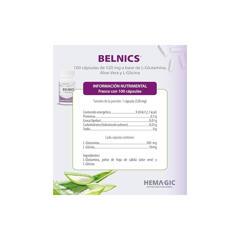Belnics Suplemento Glutamina Glicina Aloe Vera 100 Cápsulas 520 Libre