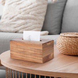 KYDIFS Tissue Box Cover, Acacia Wood Tissue Box Holder with Slide-Out Bottom, Wooden Tissue Box Cover Cube for Bathroom, Bedroom, Dinner Table, Office,Kitchen (Rectangle)