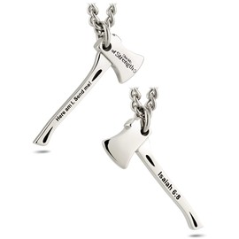 Shields of Strength Men's Stainless Steel Axe Necklace Pendant Chain Isaiah 6:8 Bible Verse Christian Scripture Fire Fighter Lumberjack Boys Gift