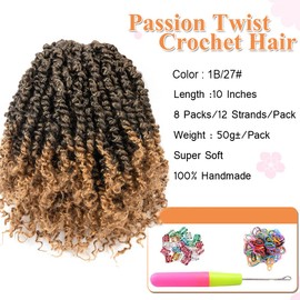 Umylar Passion Twist Crochet Hair 10 Inch 8 Packs Pre-twisted Passion Twist Crochet Hair For Women Pre-looped Short Passion Twist Bohemian Braids Synthetic Crochet Hair Extension (10 Inch (Pack of 8), 1B/27#)