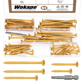 Wokape 61pcs Wood Screws Assortment Kit, #8 x 1-1/2#8x2#9x2-1/2#9x3#10x3 In T25 Torx/Star Drive Deck Screws Flat Head Decking Screws Tan Heavy-Duty Outdoor Deck Long Screw Set
