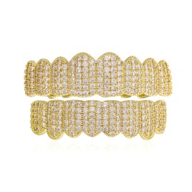 JINAO Hip Hop Grillz Iced Out 8 Teeth Top Bottom Set for Men Women Golden 14K Gold-Plated Brass 5A CZ Stones Rapper Costume Accessory