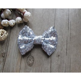 Silver 4 Inches Girls Sequin Glitter Sparkle Hair Bow Clip Accessories, Clips and Barrettes, Hair Clips Clips & Barrettes