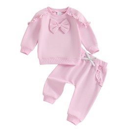 Vioyavo Toddler Girls Clothes Set Spring Fall Solid Color Outfits Long Sleeve Bow Ruffle Trim Sweatshirt Pullover Long Pants Set (Pink, 2-3T)