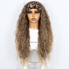 SOMIARIK Curly Headband Wig Synthetic Brown with Blonde Tips Loose Curly None Lace Front Wigs for Black Women Glueless Machine Made Wig Wavy pre plucked Headband Wigs 26 Inch