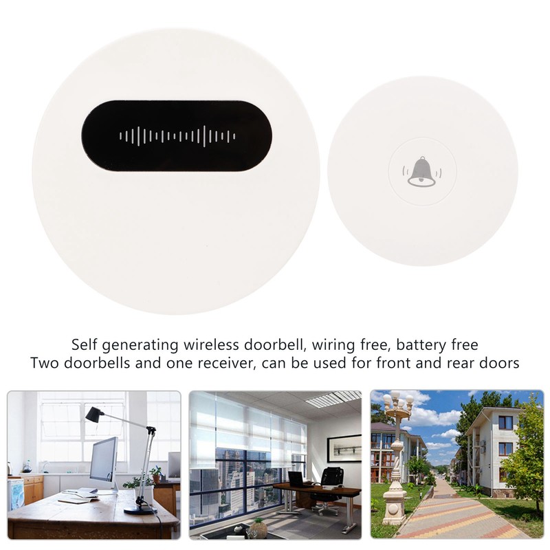 Wireless Doorbell Self Generating 1 Receiver 2 Push Button Battery
