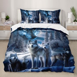 AILONEN Snow Wolf Bedding Duvet Cover Set, 3D Night Galaxy Starry Wolf Comforter Cover Set, Wild Animals Themed Quilt Cover and 2 Pillowcases for Boys Adults, 3 Pieces