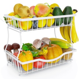 Zurklulu 2-Tier Fruit Basket for Kitchen Counter with 2 Banana Hangers – Metal Fruit Bowl for Onion, Vegetable, Snacks, Breads Storage – Countertop Organizer – White, Large