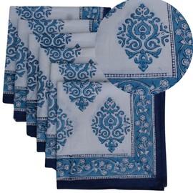 Indian Decor Cloth Cotton Napkins Set of 6 - Washable, Reusable Linen Napkins for Dining & Holiday Cloth Napkins, Bulk Napkins - Blue Napkins (Blue 1) Medium (16X16 Inches)