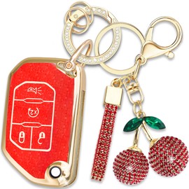Yekoubo Key Fob Cover with Cherry Keychain, Soft TPU Smart Key Case for Daily Carry, Compatible with Jeep Wrangler JL JLU Rubicon Gladiator JT Sahara JLU (4-Button, Red)