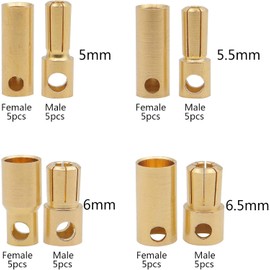 GTIWUNG 40 pieces 5 mm 5.5 mm 6 mm 6.5 mm gold-plated banana plug motor electronic female male plug, 30 pairs RC brushless motor ESC gold-plated banana plug ball plug