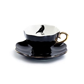 Grace Teaware Raven Black Fine Porcelain Tea Cup and Saucer with Hand Painted Gold Trim Crow,Black White and Gold