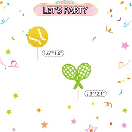 24pcs Tennis Cupcake Toppers, Tennis Ball Cupcake Picks for Sport Themed Baby Shower, Green Glitter Tennis Cupcake Toppers for Tennis Player Birthday Party Supplies (Gold&Green)