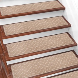 DK177 Stair Treads for Wooden Steps, 15 Pack 8"x30" Non-Slip Indoor Carpet Stair Treads with Reusable Polyester TPE Backing for Kids Elders and Pets (Beige, 15PCS)