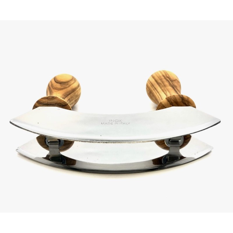 Natural Olive Wood Professional Gourmet Mezzaluna Chopping Knife, Double Blade