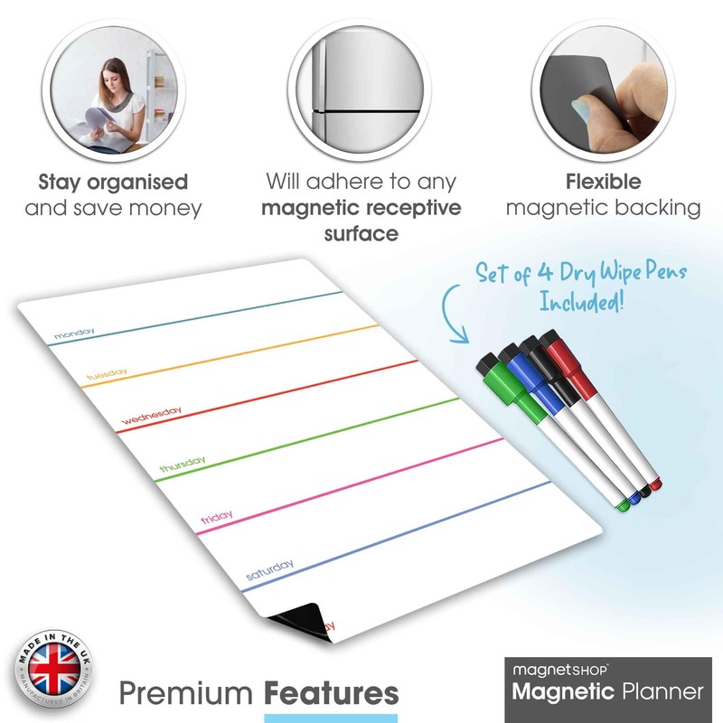 TMS A4 Magnetic Weekly Planner and Dry Wipe Pens, Small