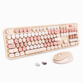 Wireless Keyboard and Mouse, Full-Size Typewriter Keyboard with Retro Round Keycaps, Ergonomic Design, Compatible with Windows PCs, Ideal for Home and Office. (Milk Tea)
