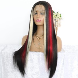 MACA BAKA Black Skunk Stripe Blonde Highlight Red Synthetic Lace Front Wig Glueless Long Straight Mixed Red Black Colored 13x4 Lace Front Wigs for Women Pre Plucked with Baby Hair 24 Inches