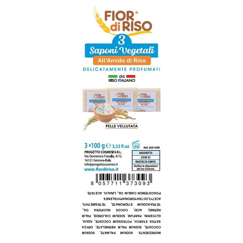 FIOR di RISO 3 Pflanzenseife, 20% Reisstärke, sanft duftend, italienischer