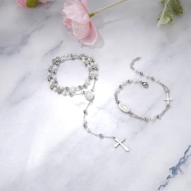 Rosary Beads Catholic Cross Necklace Bracelet: Silver Stainless Steel Pearl Beaded Virgin Mary Medallion Christian Y Necklace Jewelry Gifts for Women Men