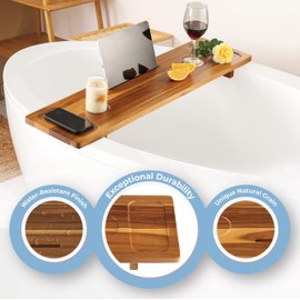LotusSway Bathtub Tray, Acacia Bath Tray for Tub, 34.6''x9'' Wooden Bathtub Caddy Tray with Adjustable Legs Fit Various Bathtubs, Anti-Tipping, Sustainable Bath Table with Wine Glass and Tablet Holder