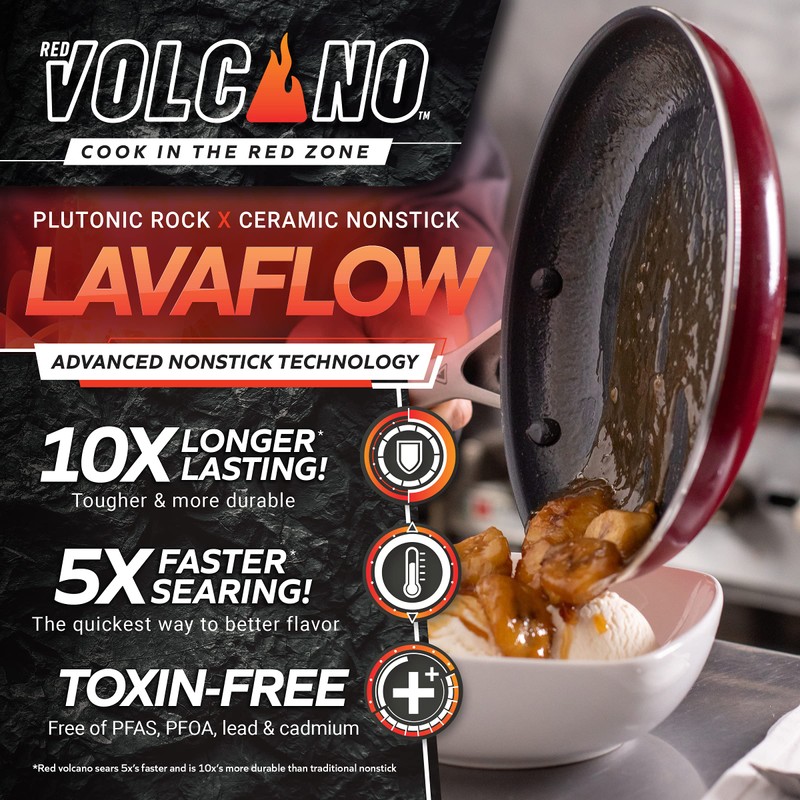Red Volcano Textured Ceramic Nonstick, 11" Flat Bottom Wok Stir-Fry