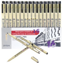 SNORF Estilografos (16 PCS), Rotuladores, Plumas de Dibujo Negro | 16 Estilógrafos de Diferentes Tipos y Tamaños, Adecuado para Dibujos Finos, Cómics, Diseño Arquitectónico y Otras Creaciones