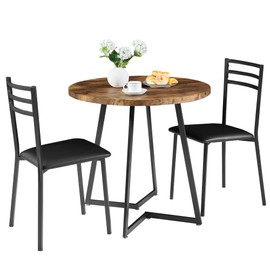 VECELO Small Round Kitchen Table with 2 Upholstered Chairs, 3-Piece Wood Dinette Sets with Steel Frame for Breakfast Nook, Dining Room, and Small Space, Brown