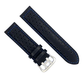 diloy Perforated smooth leather rally racing strap – Colored stitching and lining – Sizes 18mm 20mm 22mm 24mm – Black with red blue yellow orange white – Sporty design 380 Black and Blue 18mm