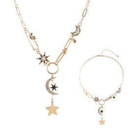 Mikovivi Gold Charm Necklace, Sun Moon and Star Necklace Boho Paperclip Necklace Vintage Chunky Pendant Necklace Jewelry Gift for Women Birthday