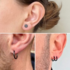 ALEXCRAFT Mens Earrings Black Hoop Earrings for Men 5 Pairs Black Earrings for Men Stainless Steel Tiny Flat Set for Men Women