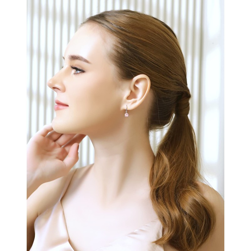 Pink Earrings for Women Dangling Sterling 6mm Round Leverback Drop