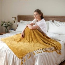 BATTILO HOME Chenille Throw Blanket for Couch, Soft Warm Cozy Knitted Throw Blanket with Tassels, Lightweight Chenille Knit Throw Blanket Suitable All Season(50"x60",Mustard)