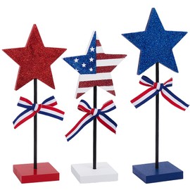 SOFPLATE 3Pcs 4th of July Wood Decor Patriotic Table Centerpieces Independence Standing Wooden Star American Flag Block Tiered Tray Ornaments Sets for American Memorial Festival Home Table Decoration