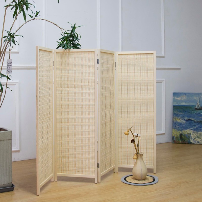 Furnnylane 4 Panel Short Room Divider Screen,Beige Freestanding Partition,Small Bamboo