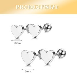 TTPSRY 2 Stück Ohrringe Damen 6mm und 8mm Nickel Frei Hypoallergen Zierlich Herzförmige Ohrstecker Modeschmuck Unisex Schwarz Silber Gold Roségold Bunt Earrings (Silber)