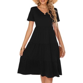 Berydress Women's Casual Summer Tiered Midi Dress Short Sleeve V-Neck Loose Cotton Ruffle Babydoll Dress Boho Sundress (L, 6175-Black)