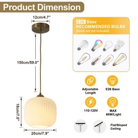 Flyrose Mid Century Modern Pendant Lights Kitchen Island Small Milk Glass Pendant Light Fixture Gold Globe Pendant Lighting White Ribbed Glass Pendant Light for Dining Living Room