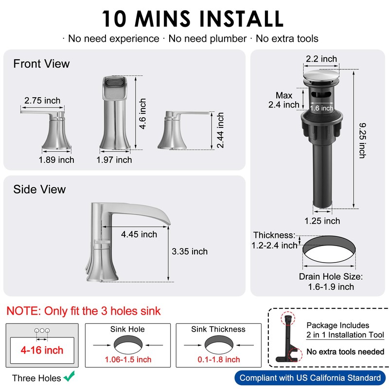HOIGY Brushed Nickel Bathroom Faucet 3 Hole, 4-8 Inch Waterfall